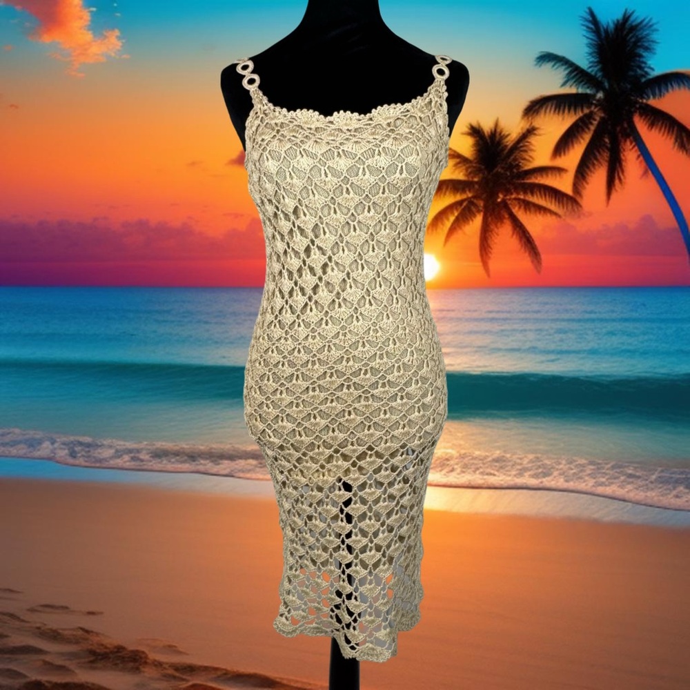 Soho Village Wear Crochet Knit Dress Sleeveless Lined Cover Up Stretch